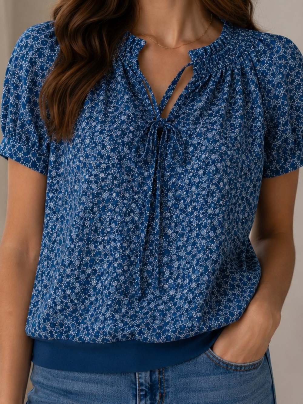 Sz S RW&CO Navy Blue Floral Tie-Front Short Sleeve Blouse